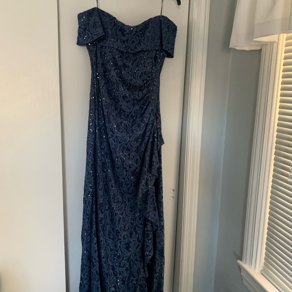 Alex Evenings Navy Blue Off-Shoulder Lace Sequin Evening Gown